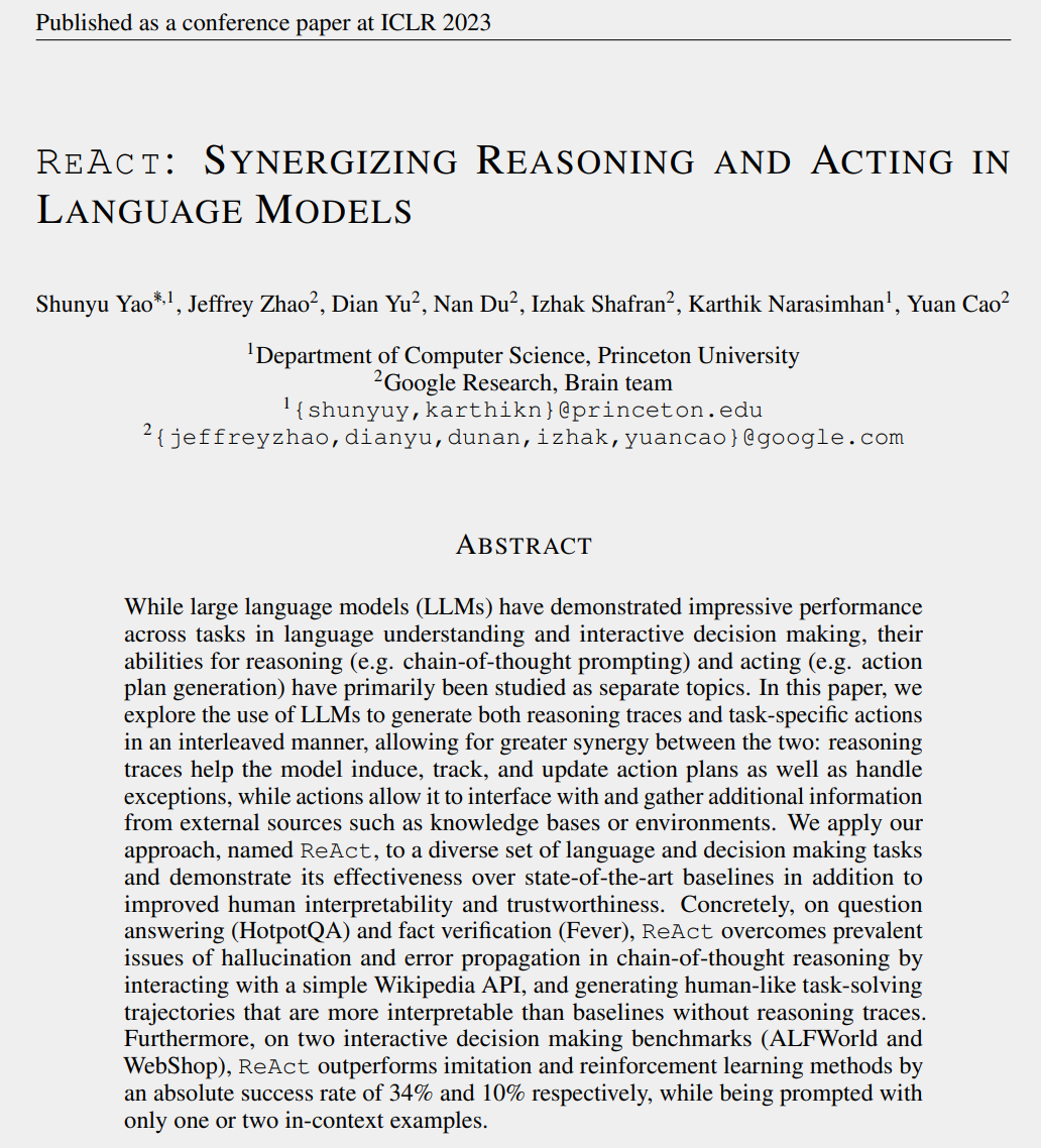 REAC T: SYNERGIZING REASONING AND ACTING IN LANGUAGE MODELS